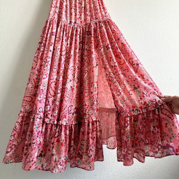 Mango Ruched off shoulder Floral Pink Boho Dress Slit Size 4 - Picture 6 of 11